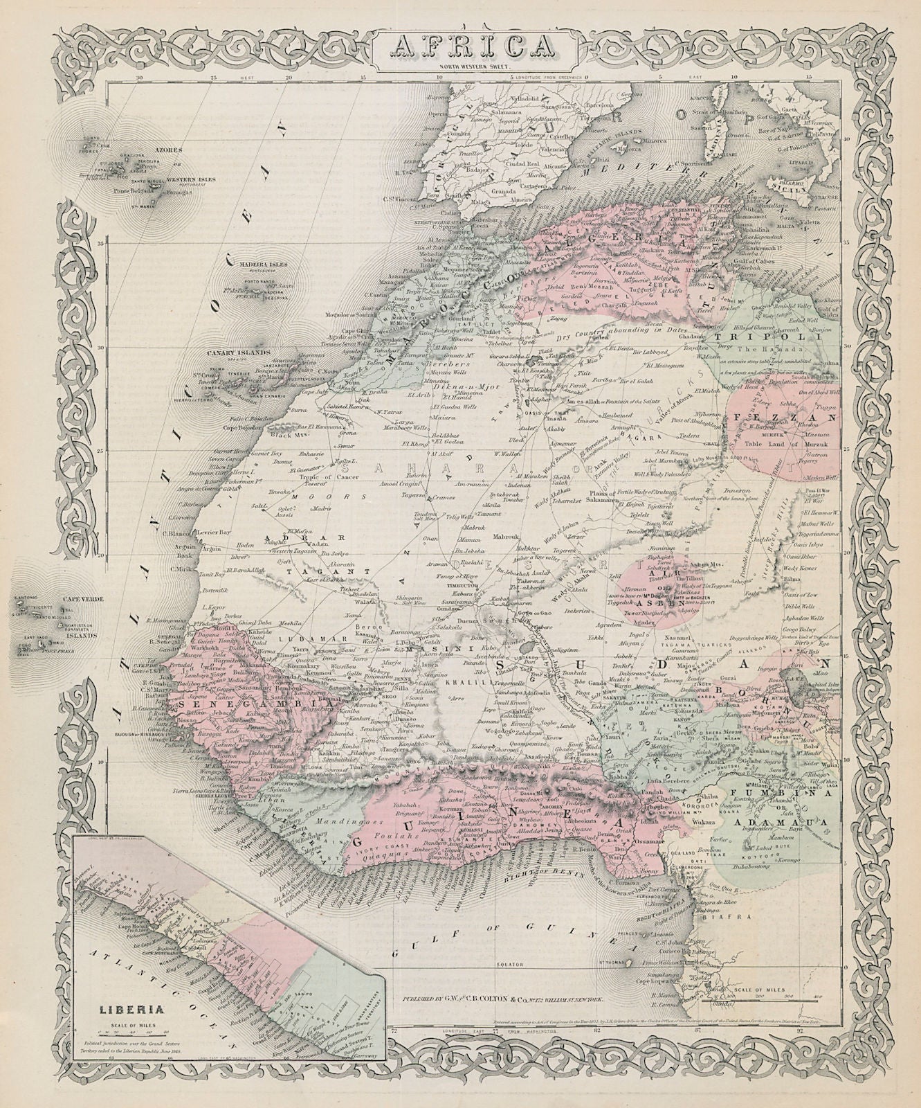 West Africa. Liberia Sahara Senegambia Guinea. Mountains of Kong COLTON 1869 map